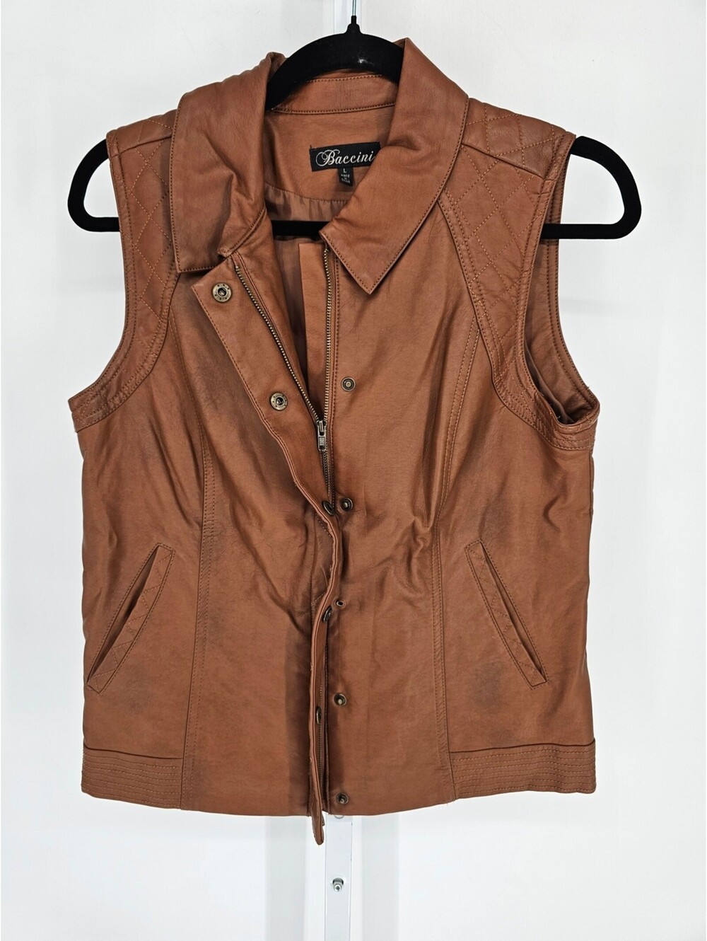 Baccini Womens Sz L Zip Up Moto Vest Faux Leather Brown Quilted